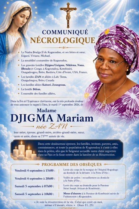 Décès de DJIGMA Mariam : Faire part