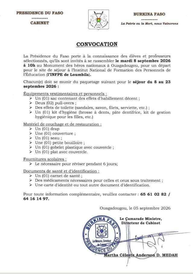 Burkina: les élèves et professeurs sélectionnés par la Présidence du Faso invités à un rassemblement mardi
