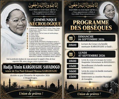Décès de Hadja Ténin Kargougou Savadogo : Faire part